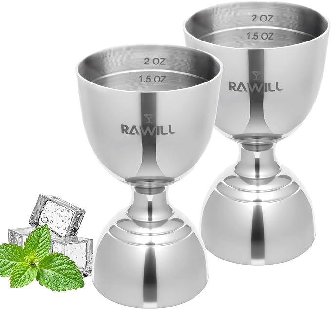 Jigger For Bartending, 2 PCS Double Shot Measuring Cup Premium 304 Stainless Steel, Jigger 2 oz 1 oz with Measurements Inside, Drink Measurer for Cocktails, Bar Measuring Set