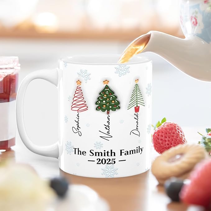 Joymade Personalized Ceramic Coffee Mug, Funny Custom Mug for Bestie, Friends, Couple, Coworker, Snowman Lovers (Family Christmas Tree Names)