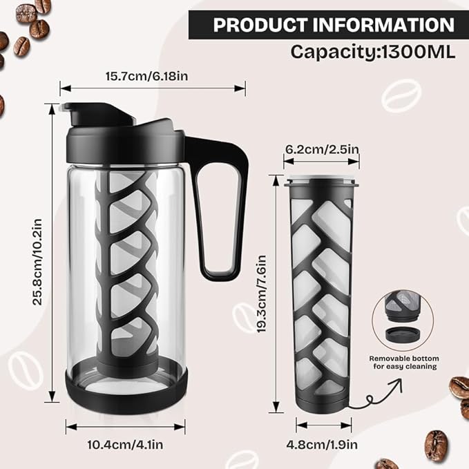 wedrink 44oz Cold Brew Coffee Maker, 1.3L Borosilicate Glass Pitcher with Leak Proof Tritan Lid, Iced Tea Brewer