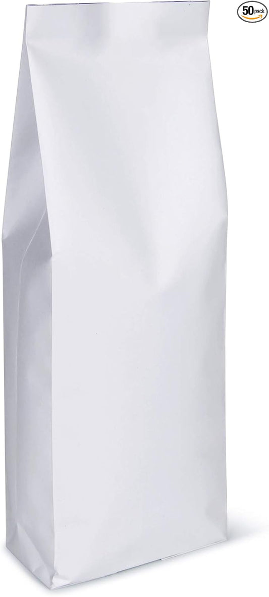 Kraft Paper Stand Up Coffee Bag/Side Gusset Pouch with Flat Bottom Coffee Beans Pouch with One Way Degassing Valve, 50 Pieces (White Kraft, 500g, 16oz, 1lb)