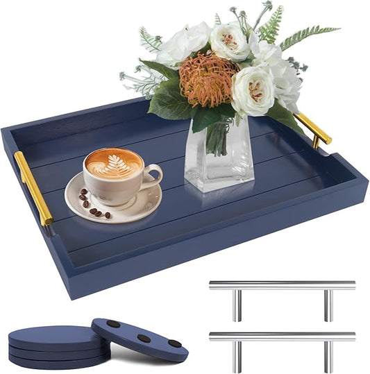 Coffee Table Tray - Large Ottoman Tray for Living Room - Wood Serving Tray with 2 Sets of Handles - Wooden Trays for Coffee Tables, 4 Round Coasters Included, Deep Blue