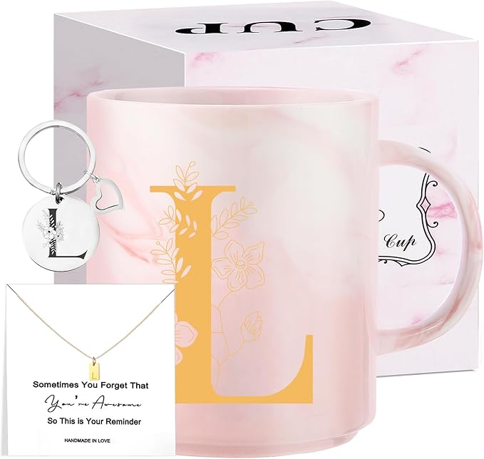 Monogrammed Christmas Gifts for Women, 11 oz Initial Ceramic Coffee Tea Mug with Necklace, Unique Birthday Gift for Her Wife Teacher Friend Mom, L