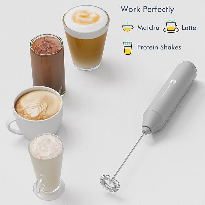 Powerful Milk Frother Handheld Foam Maker, Mini Whisk Drink Mixer for Coffee, Cappuccino, Latte, Matcha, Hot Chocolate, No Stand, Grey