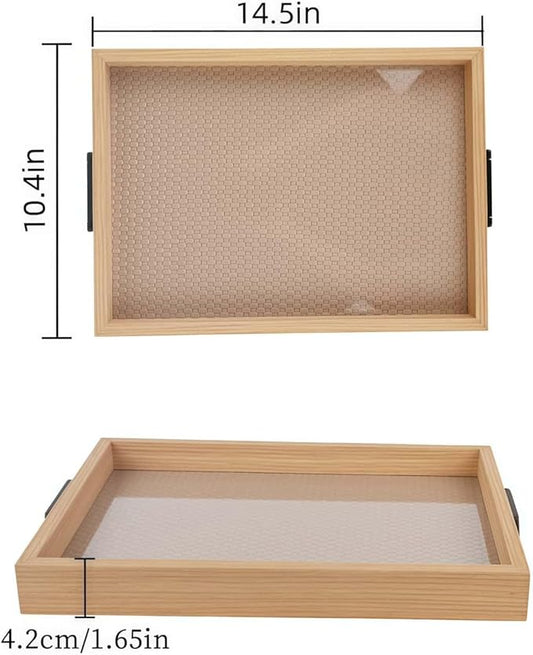 Leather Woven Surface Wooden Service Tray with Metal Handles,14.5inx10.4in Food Drinks Tray for Coffee Table, Breakfast, Dinner & Bar,Kitchen,Party (Leather Surface/Medium Size)