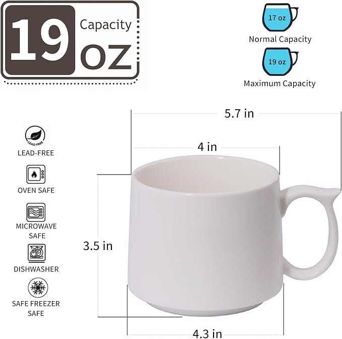 Coffee Mugs Gift Set of 4, Large 19 oz Stackable Ceramic Coffee Mug, Coffee Cups with Large Handle for Latte, Cappuccino, Milk, Dishwasher & Microwave Safe, Ideal Gift for Men, Women - White