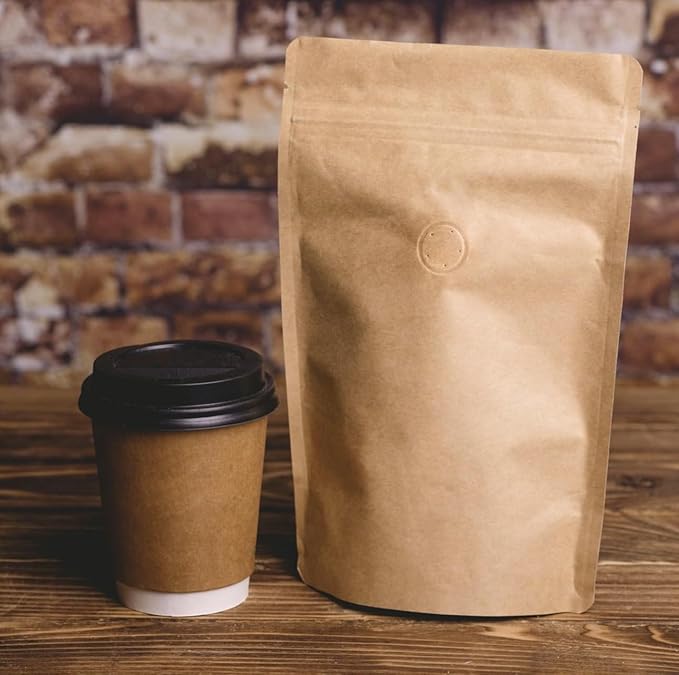 100 Pack Kraft Coffee Bags with Zipper Lock, High Barrier Resealable Stand Up Coffee Pouches, Degassing Valve for Coffee, Size for 4oz/ 100 Grams Beans or Grounded
