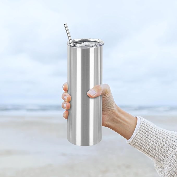 YOUKE OLA 16 Pack Stainless Steel Skinny Tumblers Blank Bulk Straight Double Wall Insulated Tumbler with Lid and Straw for, DIY Gift, 20oz Silver