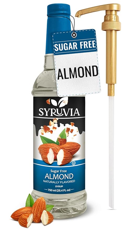 Syruvia Sugar Free Coffee Syrup, Almond Flavored Syrup for Drinks, Lattes, and Desserts – 25.4 fl oz, With Pump