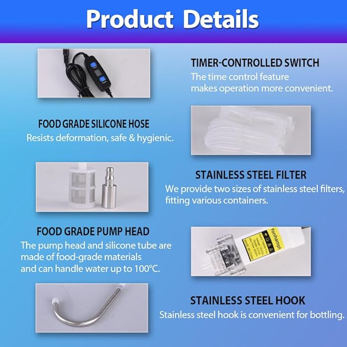 Electric Water Transfer Pump Kit 100-240V With Timer Control for Ice Maker Coffee Machine Water Cooling,Food Grade Auto Siphon Self Priming Pump for Bottling Wine,Beer and Kombucha,2L/Min,Low Noise