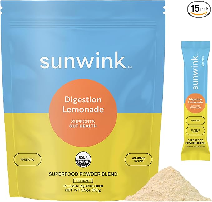 Sunwink Digestion Lemonade Powder-Organic Superfood Powder for Debloat & Gut Health-Plant-Based Support for Digestive Health with Amla Powder, Dandelion & Chicory Root Extract (6g Each, Pack of 15)