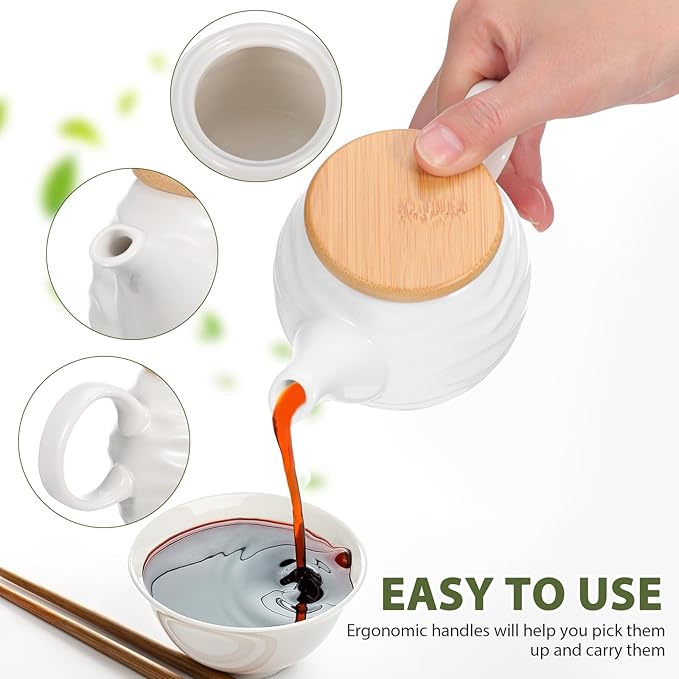Luxshiny Milk Creamer Jug: 10.5oz Ceramic Sauce Dispenser, White Water Ripple Coffee Creamer Pitcher with Handle and Lid