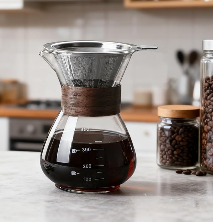 BeeCa Single-Serve Coffee Essential, Pour Over Coffee Maker Set, Reusable Stainless Steel Filter + Heat-Resistant Glass Carafe, Stylish Wood Collar, 1-2 Cup Portable & Easy Clean