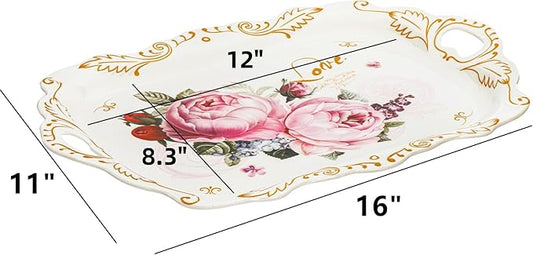 DEAYOU 3-Pack Melamine Serving Tray, Stackable Food Tray with Handles for Eating, Unbreakable Large Serving Platter with Floral Print for Gift, Party, Decor, Home, Restaurant, 16"L x 11"W, Rectangle