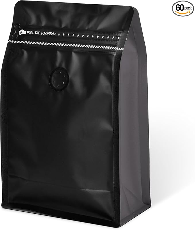 Coffee Bags with Valve(60pcs,8oz,0.5lb) Vented Coffee Beans Packaging Bags High Barrier Aluminumed Foil Flat Bottom Heat Sealed Side Zipper Resealable Storage Bag for Home or Business（Black+Gray）