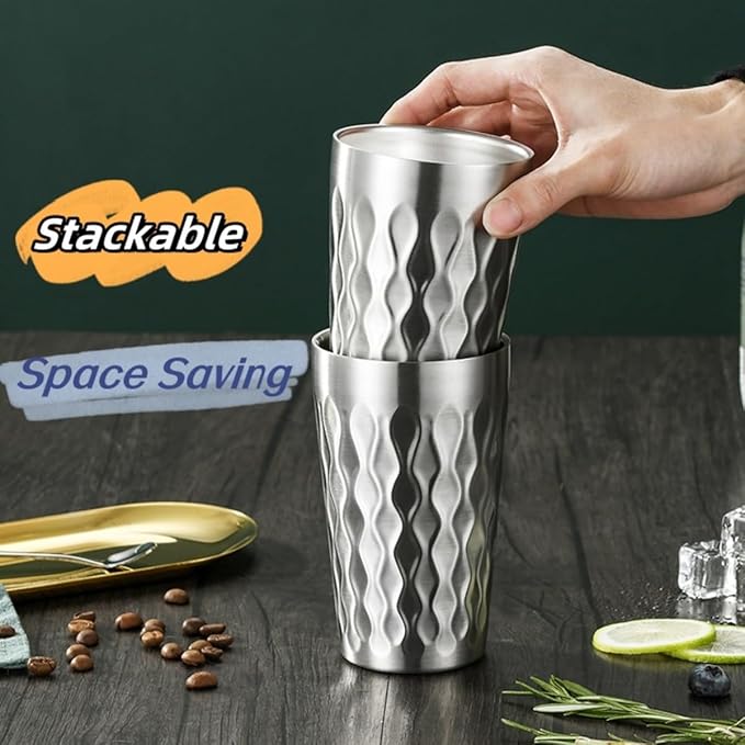 AGH 6 Pack Stainless Steel Kids Cups, 12oz Double Layer Insulated Metal Drinking Cups for Camping, Parties & Outdoors (Bright Silver)