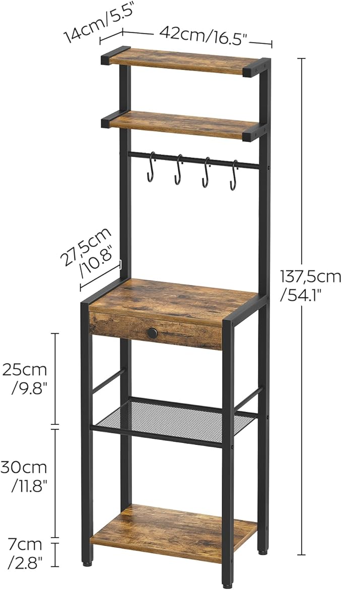 Bakers Rack, 5-Tier Coffee Bar Station, Coffee Stand with Pod Drawer Holder, Versatile Kitchen Storage Rack with 4 Hooks, for Living Room, Cafe Corner, Rustic Brown and Black KF01BRY1
