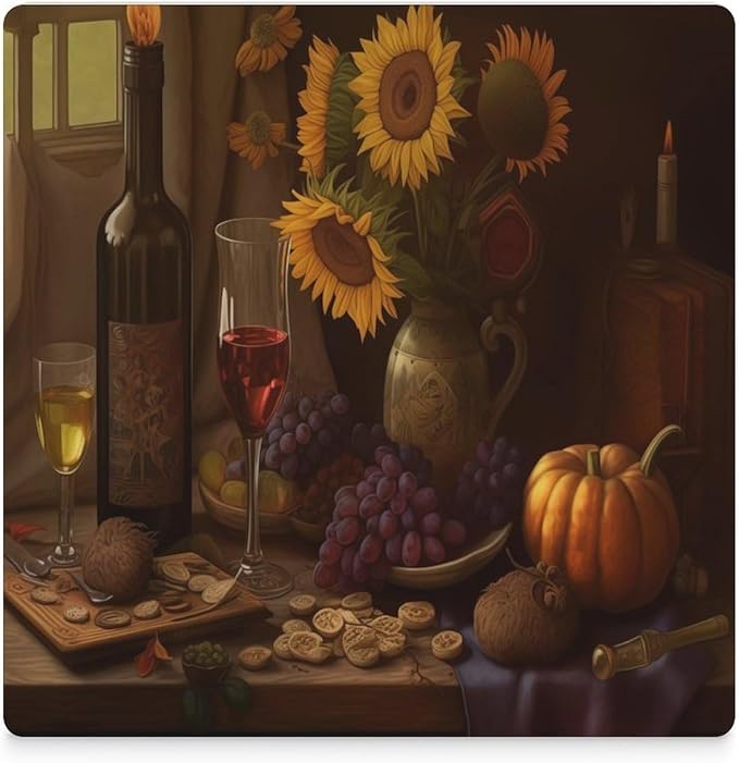 Red Wine Drink Coasters, Square Ceramic Drink Coaster Square-6PCS, Retro Red Wine Bottle and Grapes Fruit Sunflower Pattern Decor Absorbent Ceramic Coasters for Beverage Cup, Bar, Coffee Table