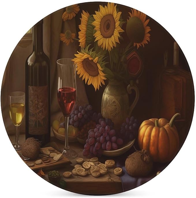 Round-6PCS Red Wine Ceramic Coasters, Round Absorbent Drink Coasters, Retro Red Wine Bottle and Grapes Fruit Sunflower Pattern Ceramic Table Coasters for Coffee, Beverage, Wine, Beer Coasters