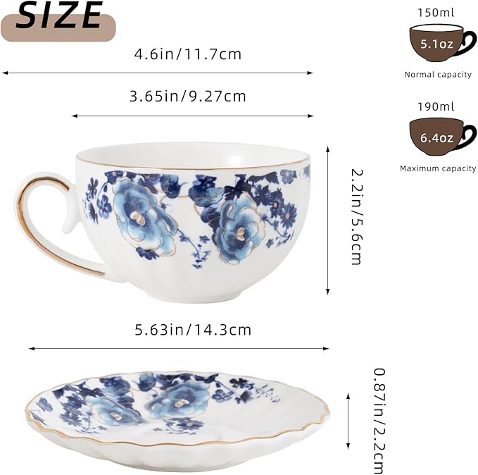 ceramic tea cup and saucer set of 4,floral teacup sets for Coffee, Latte, Cafe Mocha and Tea (Dark blue flowers)