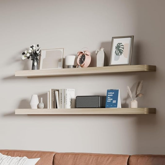 48 inch Natural Bathroom Shelves,Long Floating Shelves for Wall,Solid Wood Long Shelves Set of 2,Kitchen Mounted Shelf,Heavy Duty Bracket (Natural, 48 Inch)