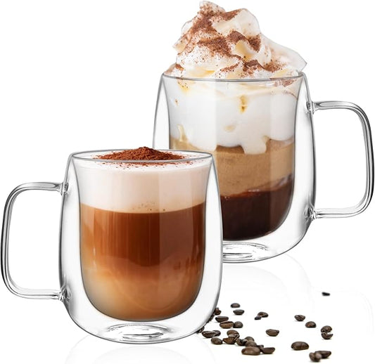 14oz Double Walled Glass Coffee Mugs, Insulated Clear Glass Cups with Handle for Latte, Cappuccino, Tea, Set of 2