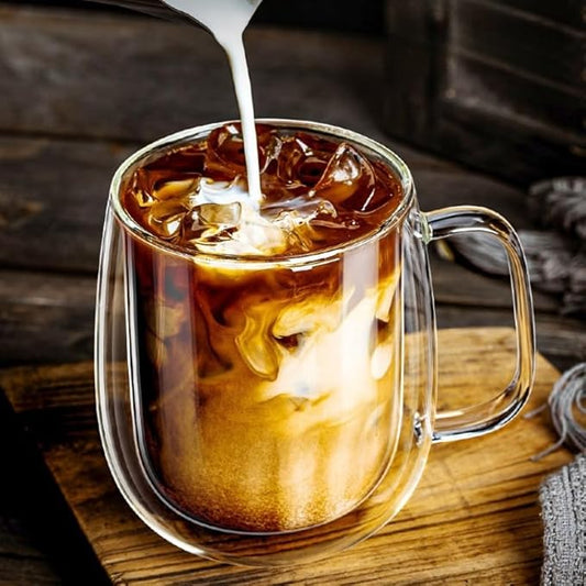 12oz Double Espresso Cups Set of 2 - with Handle, Double Walled Glass Insulated Cup, High Temperature Resistant, Non-Fracturing and Scald Resistant Glass, Transparent