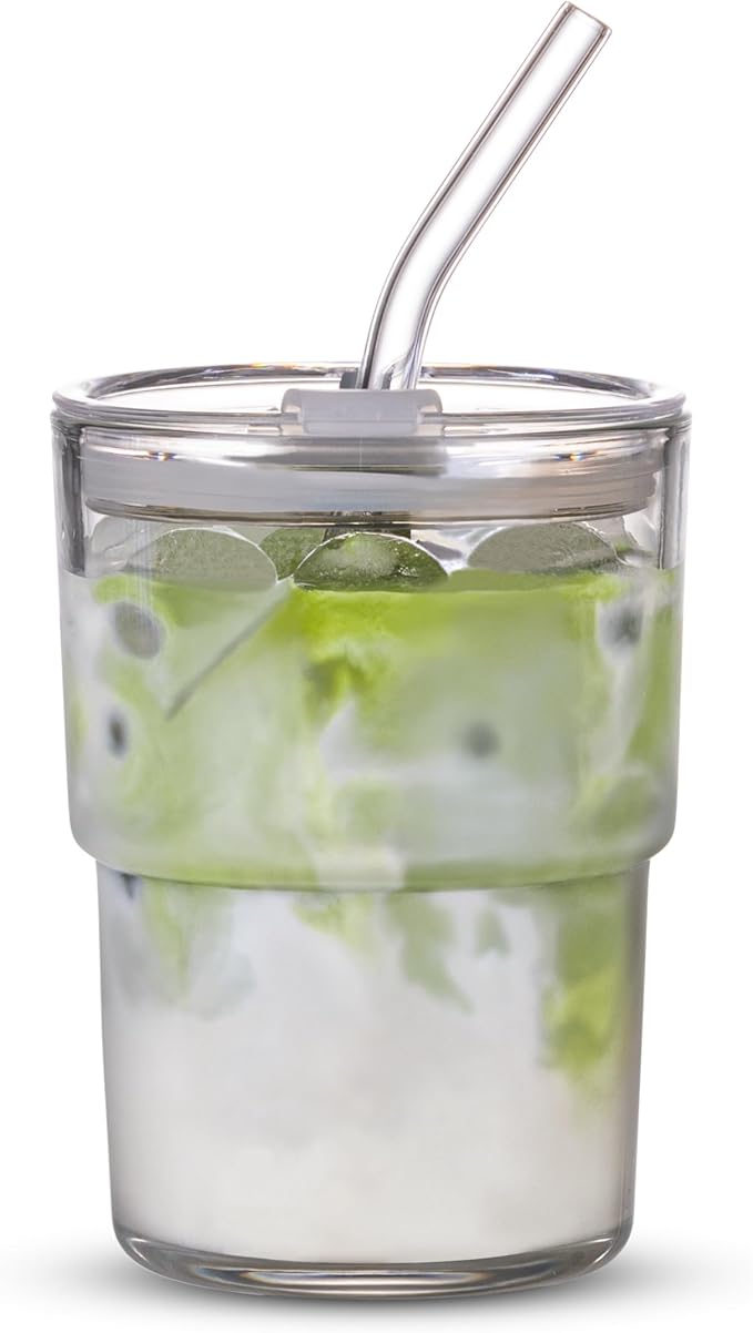 13oz/400ml Tumbler Water Glass, Cups with Straw and Lid Sealed Carry on for Coffee, Iced Tea, Thick Wall Insulated Glass Cup(white)