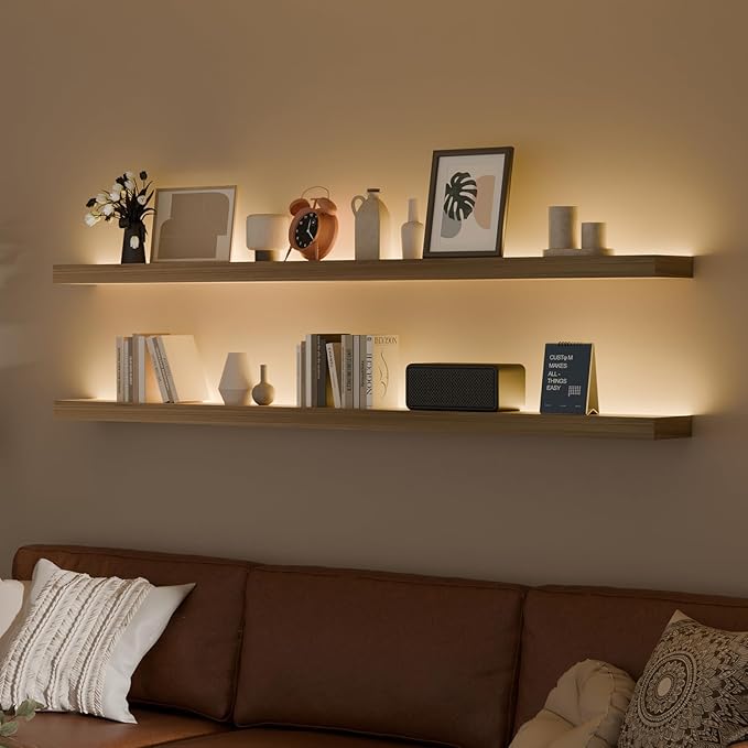 60 inch LED Gaming Floating Shelves for Wall,Solid Wood Long Wall Shelves Set of 2 with Light for Gaming Room,Natural Rustic Wall Mounted Shelves for Living Room Bedroom Kitchen Garage