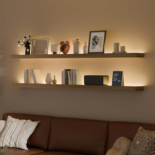 60 inch LED Gaming Floating Shelves for Wall,Solid Wood Long Wall Shelves Set of 2 with Light for Gaming Room,Natural Rustic Wall Mounted Shelves for Living Room Bedroom Kitchen Garage