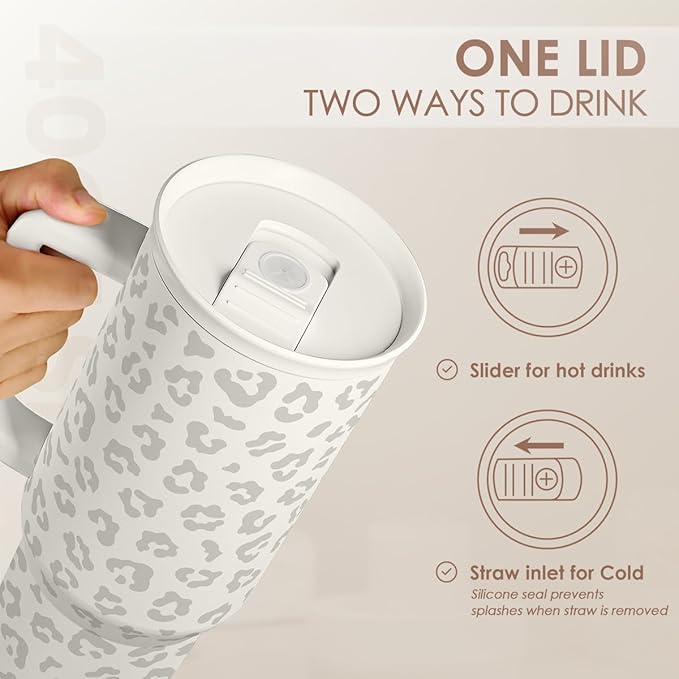 Leopard Tumbler with Handle, Insulated Cup Stainless Steel Travel Mug Cup, Gifts for Women Girl on Birthday Christmas, Cream Leopard, 40oz