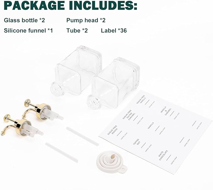 BathAce Coffee Syrup Dispenser for Coffee Bar, Clear Glass Syrup Bottles with Pump, Refillable Maple Syrup Storage, Coffee Station Accessories and Organizer, 500ml, Set of 2 (Gold)