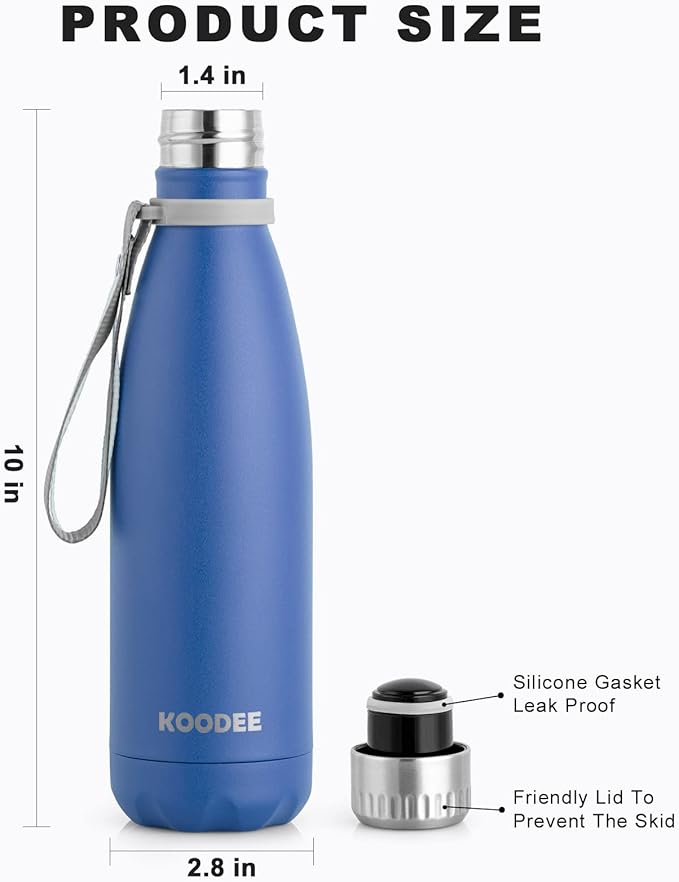 koodee Insulated Water Bottle 2 Pack Stainless Steel Double Wall Vacuum Sports Water Bottle, 17 oz Cola Shape Leak Proof Travel Water Flask (2 Pack Royal Blue)