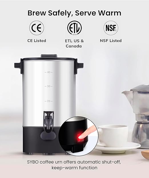 SYBO SR-CP30C Commercial Grade Stainless Steel Percolate Coffee Maker, Hot Water Urn for Catering, Hot Beverage Dispenser, 30-Cup, 3.5L, Metallic