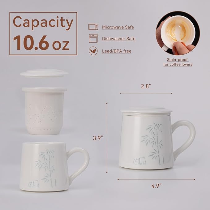 Ceramic Tea Mug with Infuser & Lid - 10.6oz Handcrafted Translucent Cup, Loose Leaf Tea Cup with Infuser, Insulated Ceramic Coffee Mugs with Lid，Perfect Gift Set for Women/Men