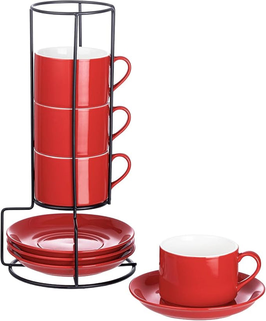 Meichu 8oz Porcelain Stackable Cappuccino Cups with Saucers and Metal Stand Set of 4, Cappuccino Cups Set of 4, Red Coffee Cups for Espresso, Specialty Coffee Drinks, Latte, Americano and Tea