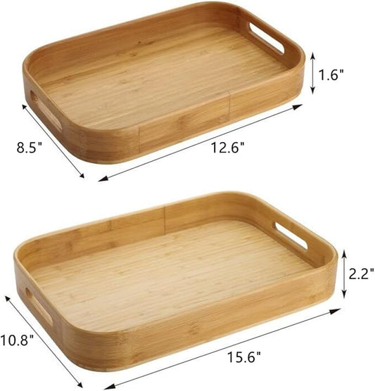 Dicunoy Set of 2 Bamboo Serving Tray, Solid Wood Breakfast Tray with Handles and Arc Angles, Large Size for Food, Dinner, Tea, Coffee, Bar, Parties, 15.6" L x 10.8" W /12.6" L x 8.5" W