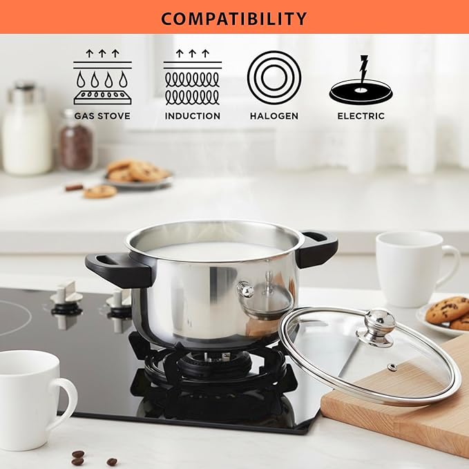 See Through lid Milk Boiler 67 oz/2000 ml Pot, Stainless Steel Double Wall Milk Cooker with Whistle and Funnel, Silver