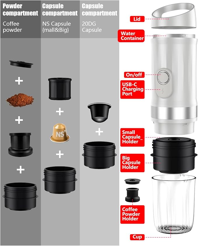 Portable Espresso Machine 3Minute Auto Heat12V Rechargeable Electri Coffee Maker 20 BaCompatible with NS DG Capsules and GroundCoffee for Camping, Travelling RVing HikingandOffice (White)