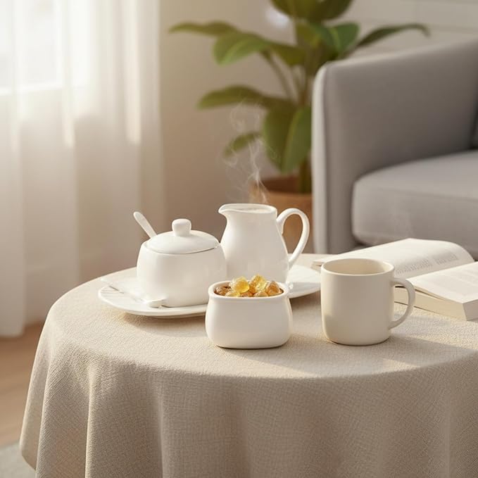 Dicunoy Set of 4 Sugar and Creamer Set, Small Creamer Pitcher with Handle for Coffee Bar, Sugar Bowl with Lid, Spoon and Tray, White Ceramic Sweetener Packet Container for Tea, Milk