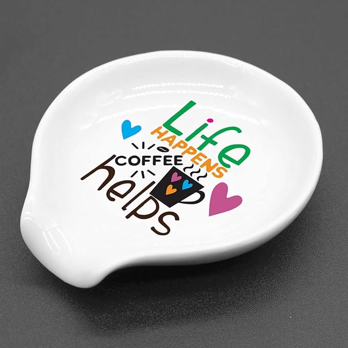 Funny Coffee Quote Colored Pattern Ceramic Coffee Spoon Holder-Coffee Spoon Rest -Coffee Station Decor Coffee Bar Accessories-Coffee Lovers Gift for Women and Men (Life Happens Coffee Helps)