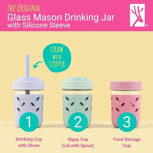 Elk and Friends Kids + Toddler Glass Cups | The Original 8oz Glass Mason Jar with Sleeves + Lids | Silicone Straws + Stopper | Smoothie Cup | Food Storage | Spill Resistant | Dishwasher Safe | 8 Pack