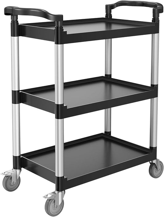 VEVOR Utility Cart, 300 lbs Load Capacity, 3-Tier Utility Plastic Cart with 360° Swivel Wheels (2 with Brakes), 24.4 x 16.1-inch Food Service Cart for Warehouse, Office, Home, Restaurant, Kitchen