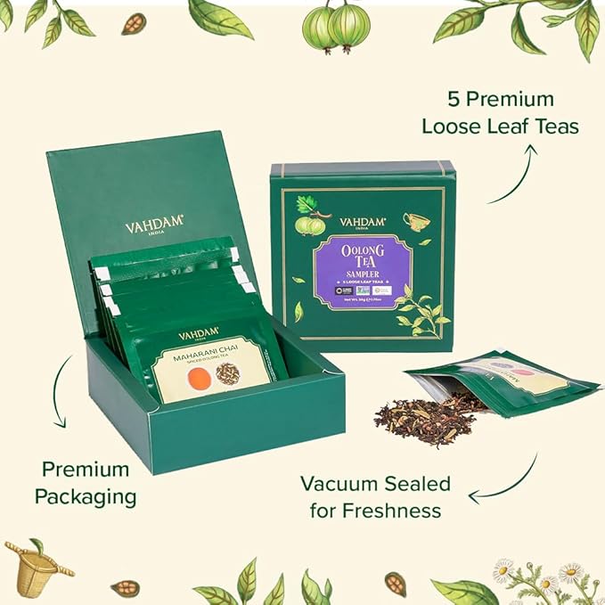 VAHDAM Assorted Oolong Tea Sampler Gift Set (5 Flavors) – Gluten-Free, Non-GMO | 5 Unblended Loose Leaf Teas | Tea Variety Pack | Valentines Day Gifts for Him & Her