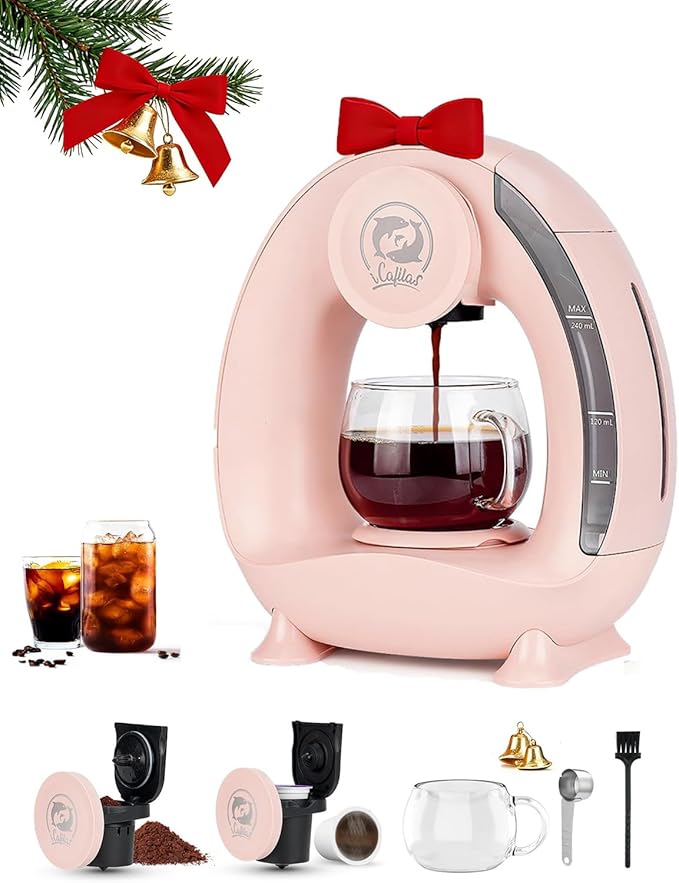 2-in-1 Coffee Maker, Fast Brew in 1.5mins, Single Serve Coffee Machine Compatible with K-Cup Pods & Ground Coffee, 1400W with 20s Preheat, Compact for Home,Small Place,Office & RV, 8oz,Pink