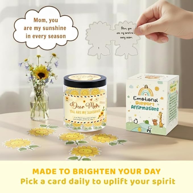 Positive Sunflower Jar with 60 Affirmation Cards, Uplifting Motivation Jar For Mom, Encouraging Sunflower Gifts For Mom Women, Emotional Support Gift, Funny Desk Decor, Gifts for Coworkers Women
