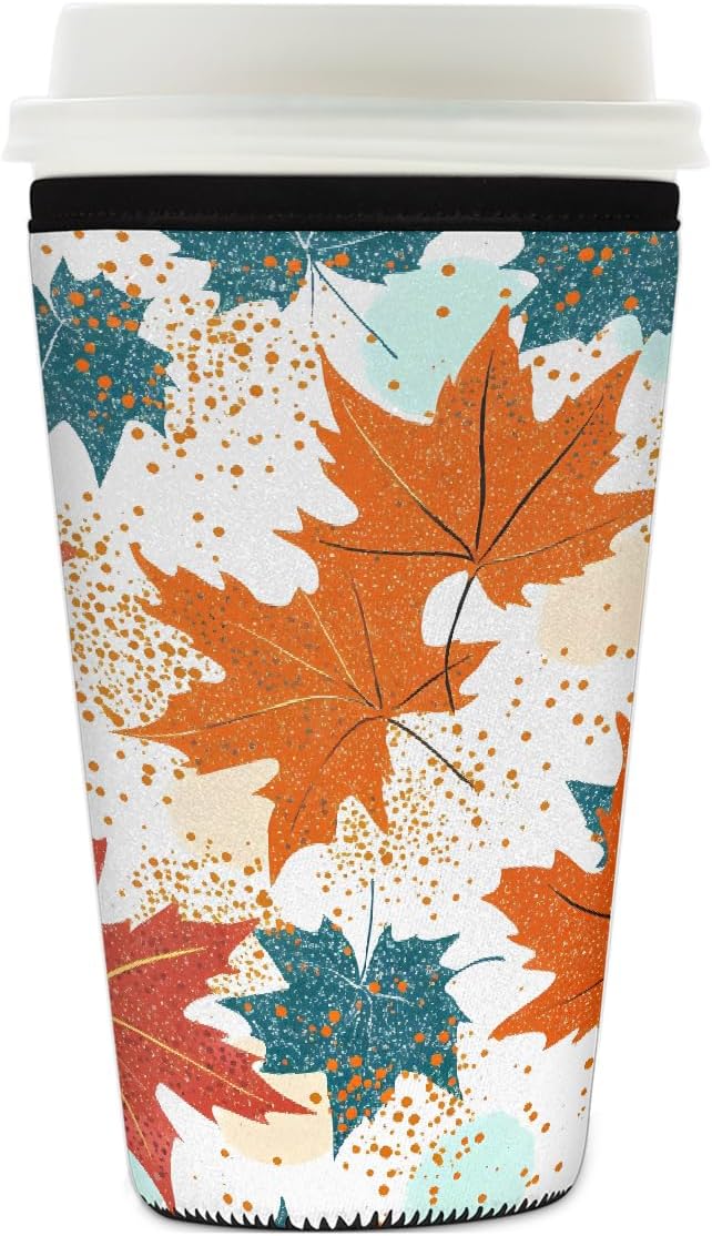 Colored Fall Maple Leaves Iced Coffee Sleeve for Cold Drink Cups, Reusable Neoprene Insulated Drink Sleeves Cup Cover for Beverages, Fits 26-28 oz