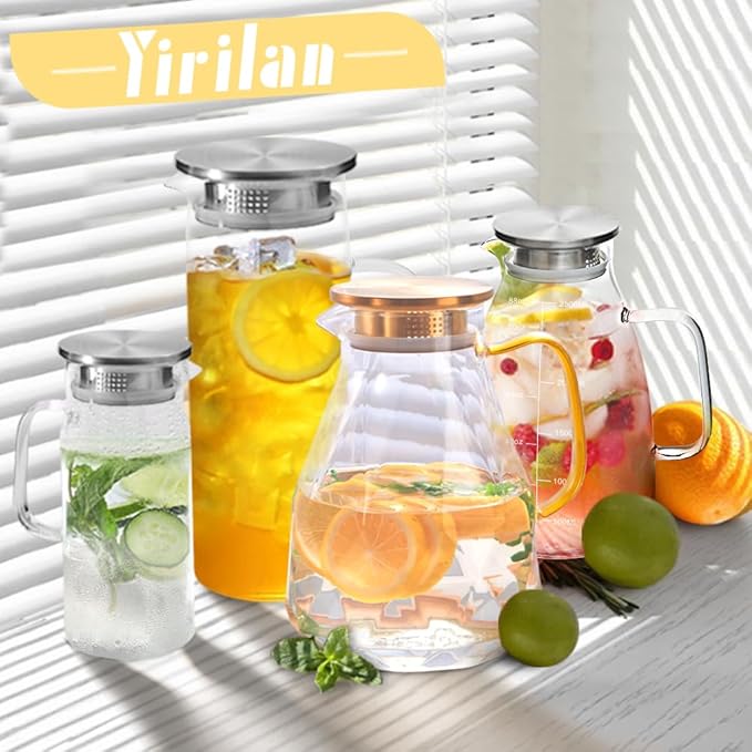 Yirilan Glass Pitcher, 2.2 Liter Water Pitcher With Lid,Iced Tea Pitcher for Fridge,Carafe With Lid, Glass Water Jug For Juice, Milk, Cold Or Hot Beverages, 2 Quart