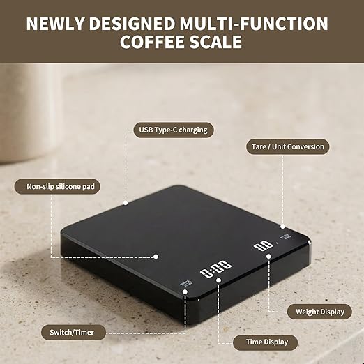 Coffee Scale with Timer 3kg/0.1g, High Accuracy Digital Kitchen Food Scale, USB-C Rechargeable Espresso Scale with Silicone Mat, Auto Timer & Auto Tare for Pour Over & Espresso Coffee (Black)