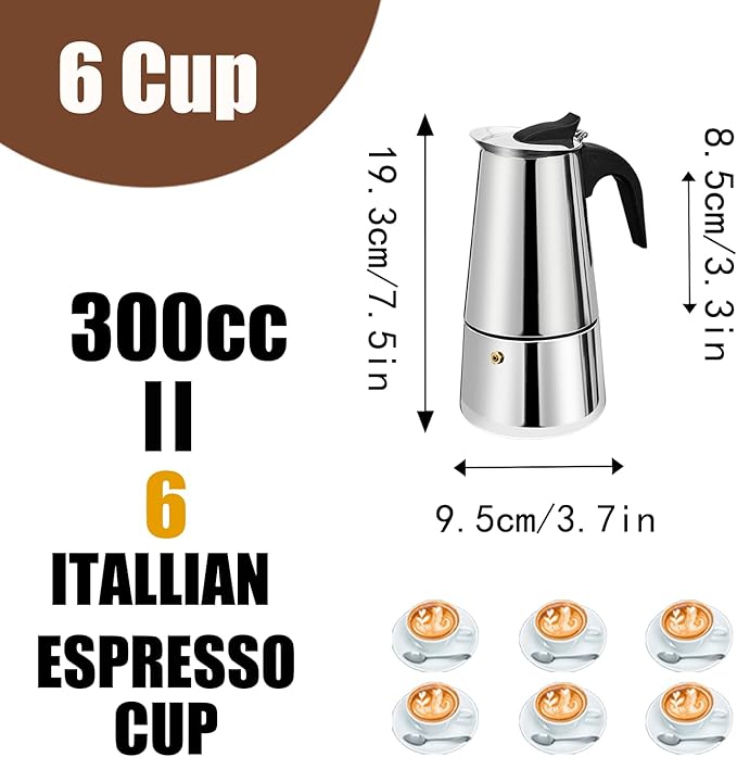 DITOSH 6 Cup Stovetop Espresso Maker Stainless Steel Moka Pot Stove Top Percolator Italian Coffee Makers Capable Mocha Greca Machine Cafe Classic Induction Cookers for Home and Camping 300ml 10oz