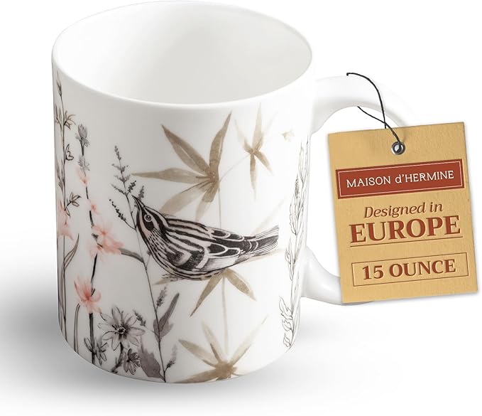 Maison d' Hermine Coffee Mug with Handles Fine Bone China Mugs Pack of One Tea Cups for Hot Beverages Cappuccino Latte Home Office Perfect for Gift (Meadow Florals - Brown Meadow Mornings, 15 Ounce)